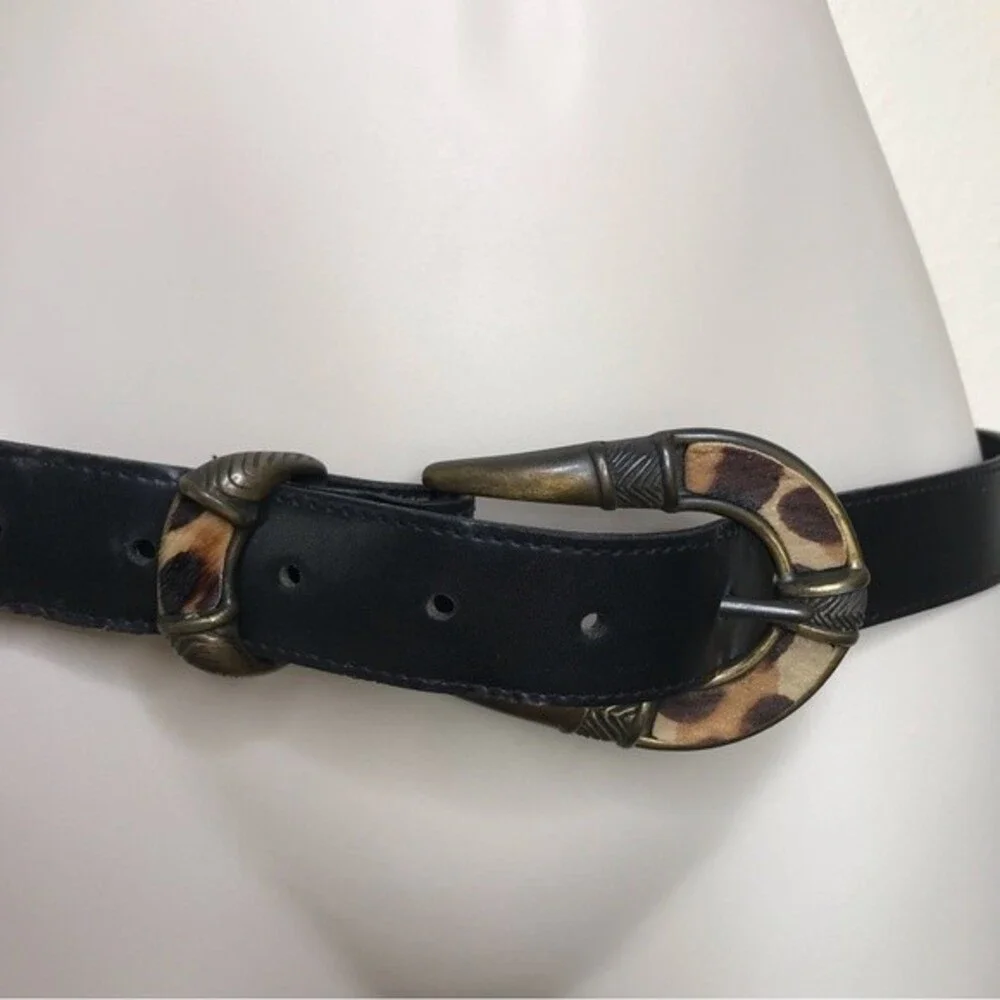 Animal Print Black Belt Made in USA Brass Color Buckle Size Medium Large